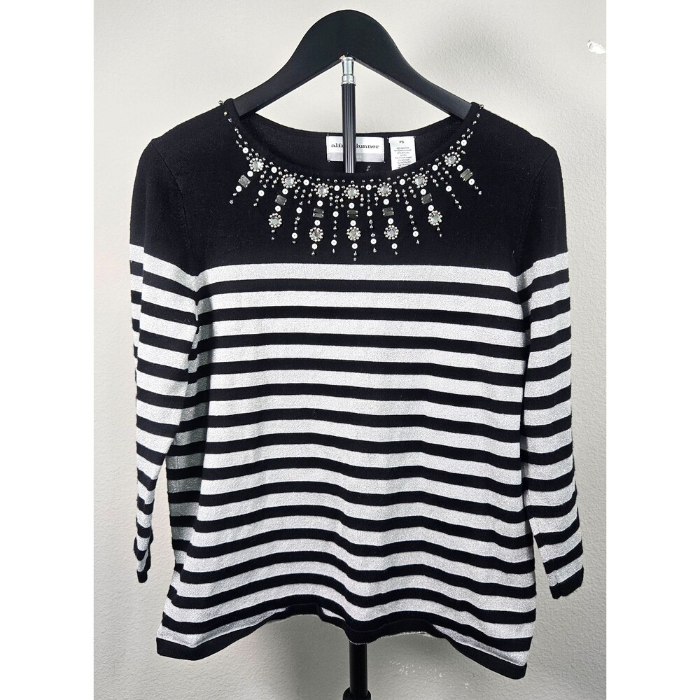 Alfred Dunner Petite PS Embellished Striped Sweater Black Silver Knit Top